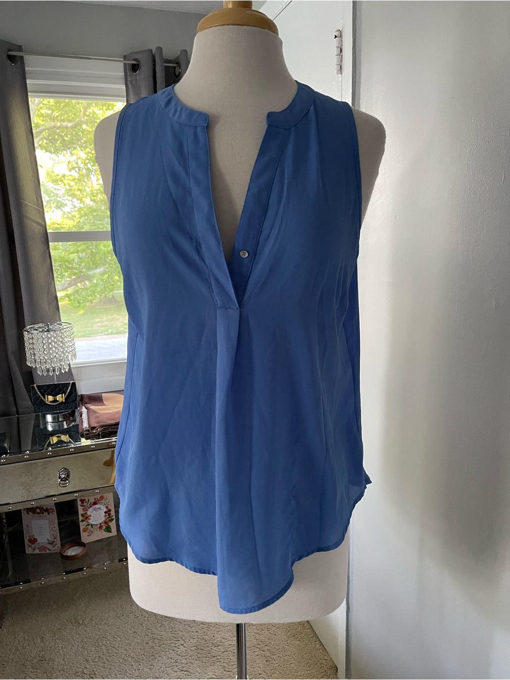 New York & Company Royal Blue Sleeveless Notch-Neck Blouse